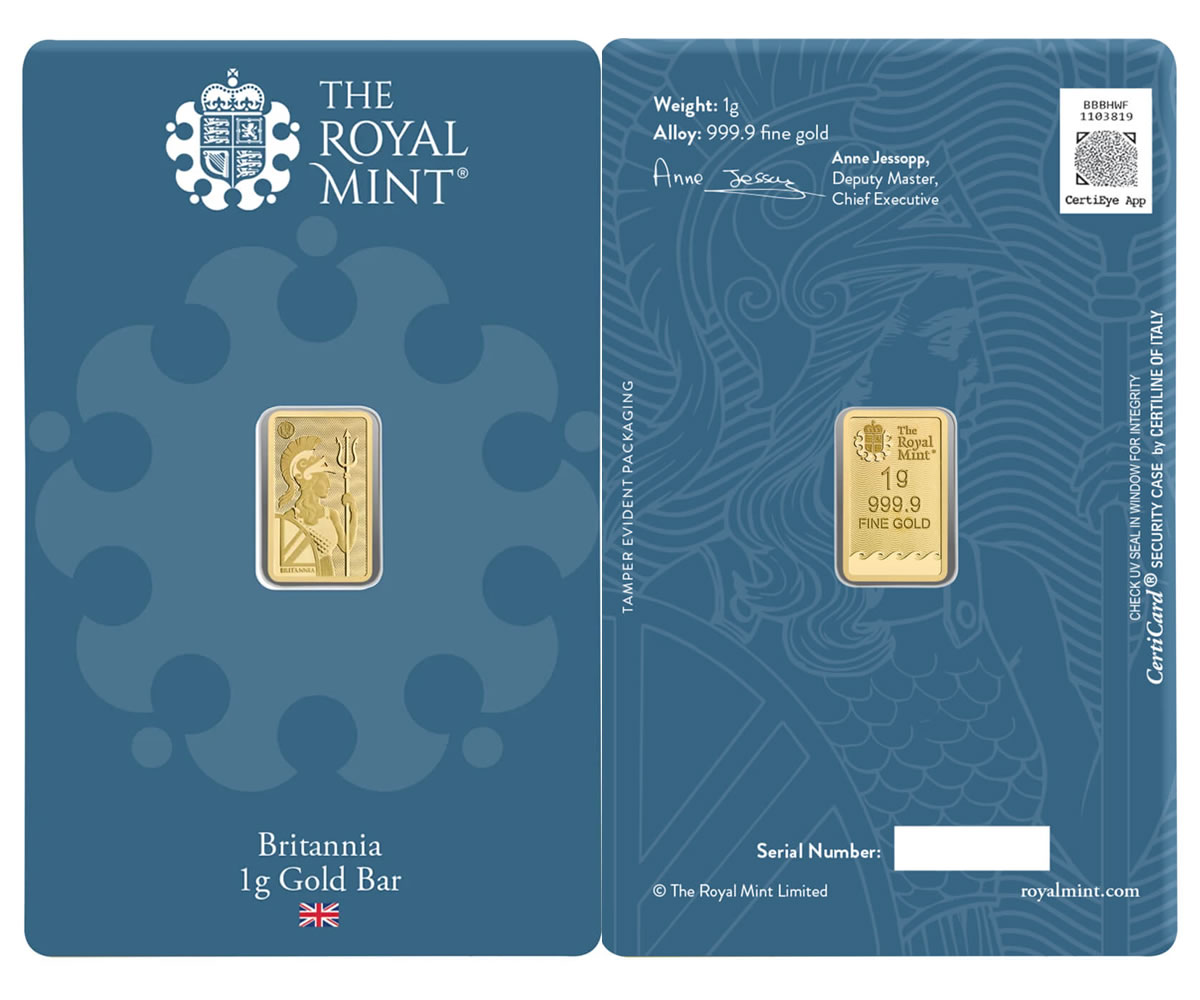 britannia gold minted bar 1g